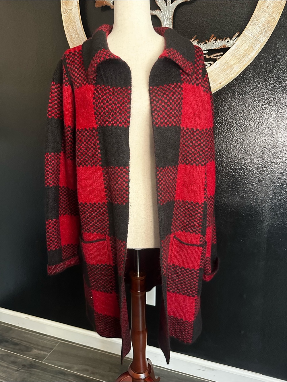 Max Studio Red and Black Plaid Open Pea Coat